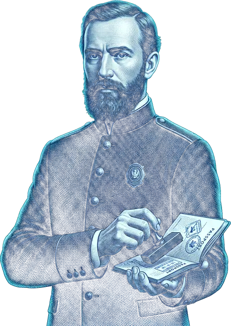 AroPay compliance inspector stamping a passport, banknote-engraving style