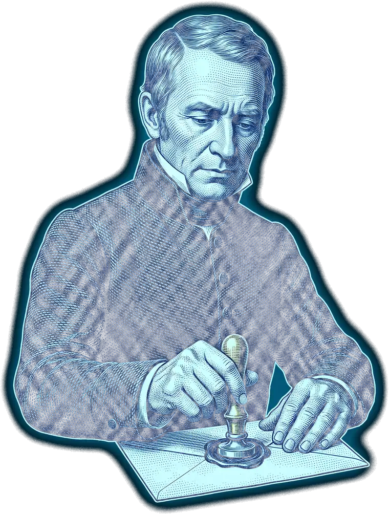 AroPay notary clerk pressing a wax seal onto a .nota envelope, banknote-engraving style