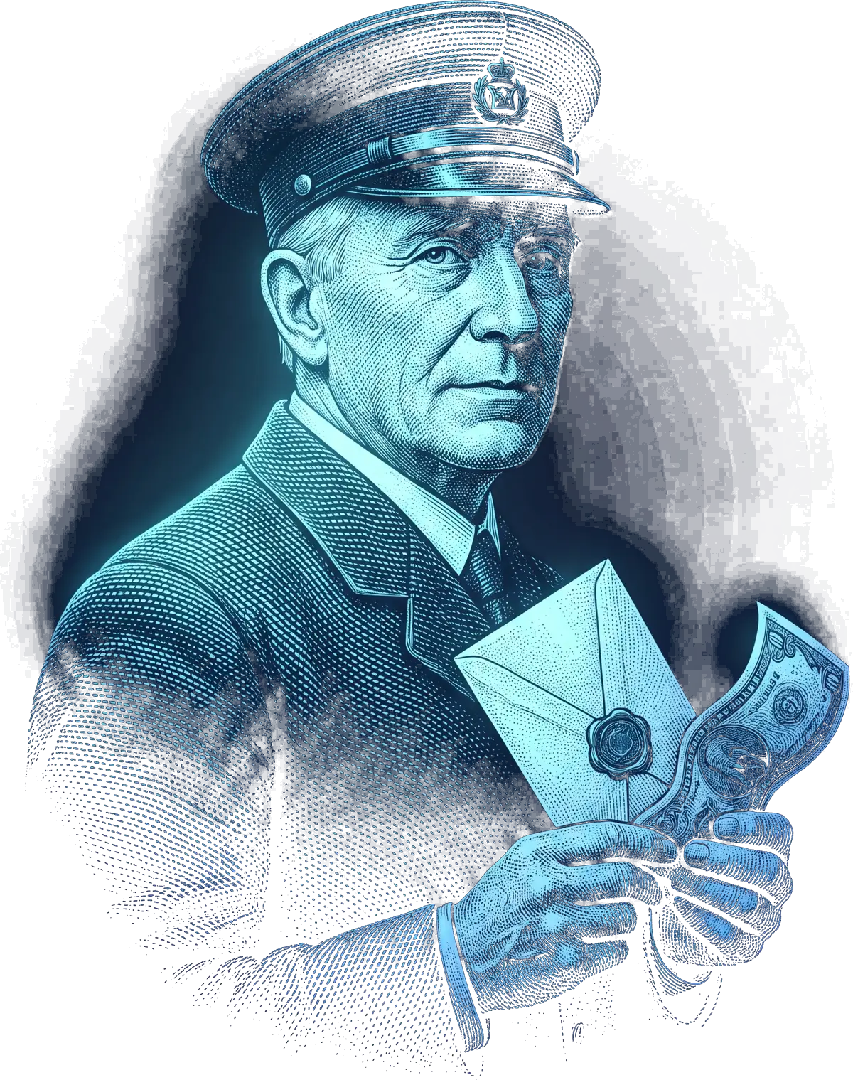 AroPay postmaster holding a sealed .nota envelope, banknote-engraving style
